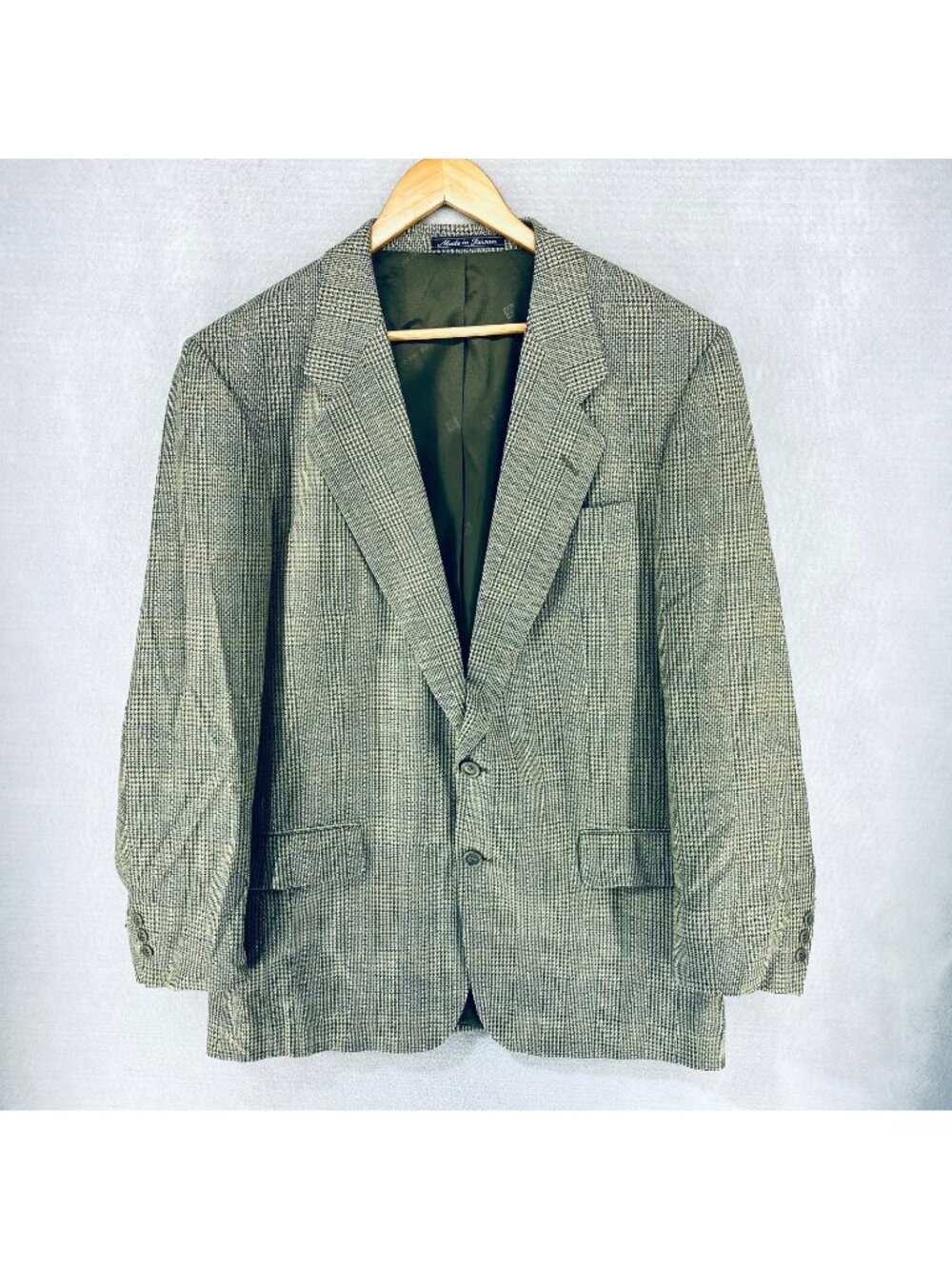 Vintage 90s Balmain Blazer Mens 42R Beige Silk Wool Plaid Sport Coat Jacket